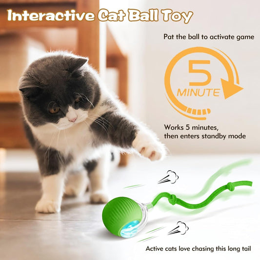 WEZOSHINET Interactive Electric Automatic Rolling Moving Rechargeable Self Play Stimulation Toy,Smart Pet Chase Ball with Speedy Tail Rope for Bored Indoor Cats Dogs Toy (Green)