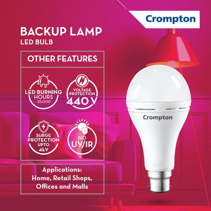 Crompton 8.5W Emergency LED Bulb | Backup Lamp | Inverter Bulb for home, with upto 4 Hours battery back up | Over charging Protection | BMS Technology | Cool Day Light (6500K) | Pack of 1